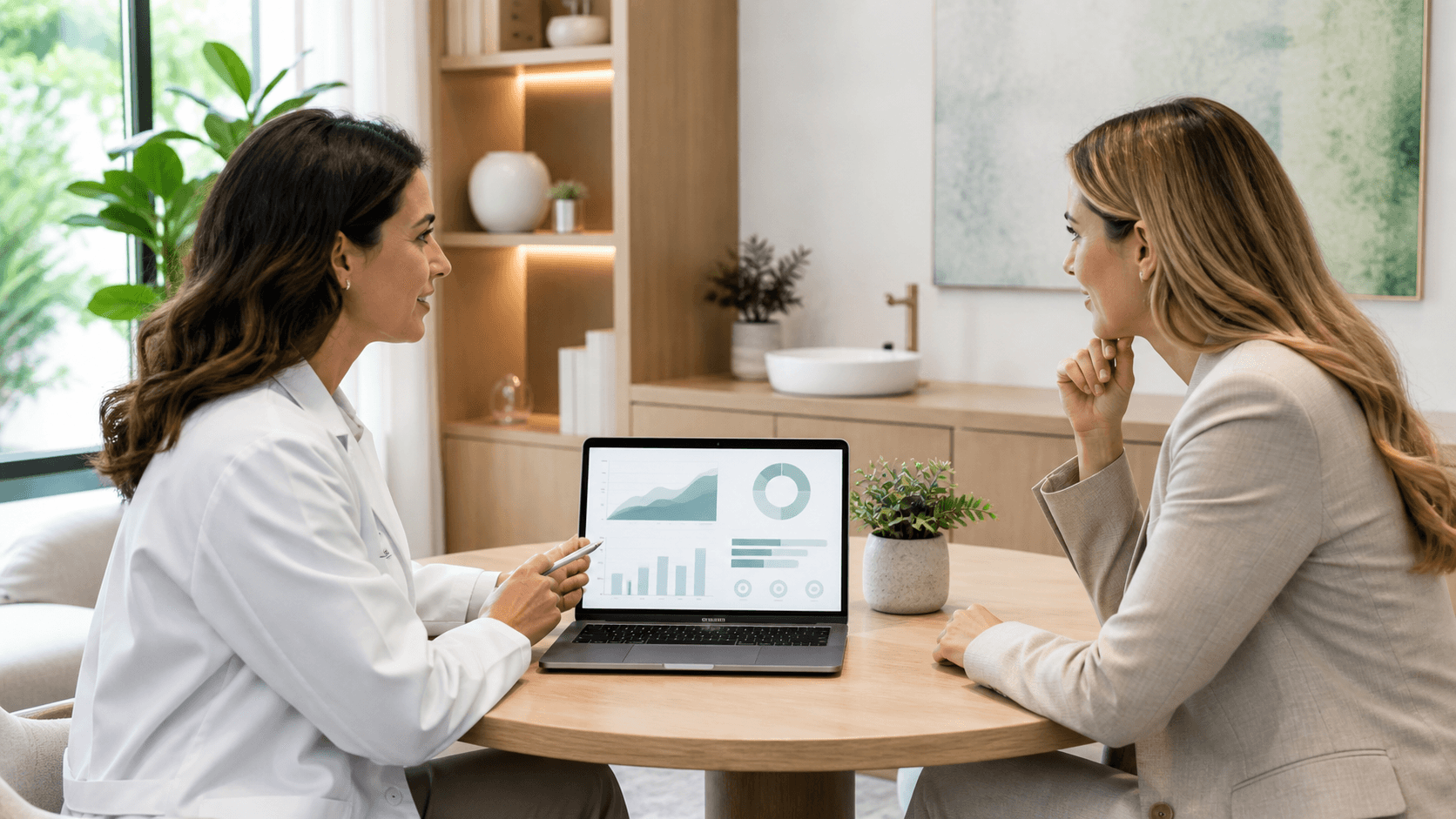 Doctor in white coat reviewing a patient chart beside a laptop in a softly lit modern clinic.