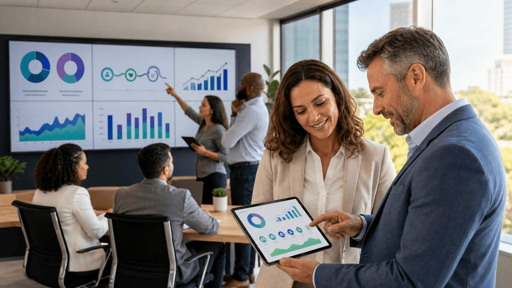Blue-toned analytics dashboard with rising charts, a magnifying glass, and a glowing healthcare cross icon.