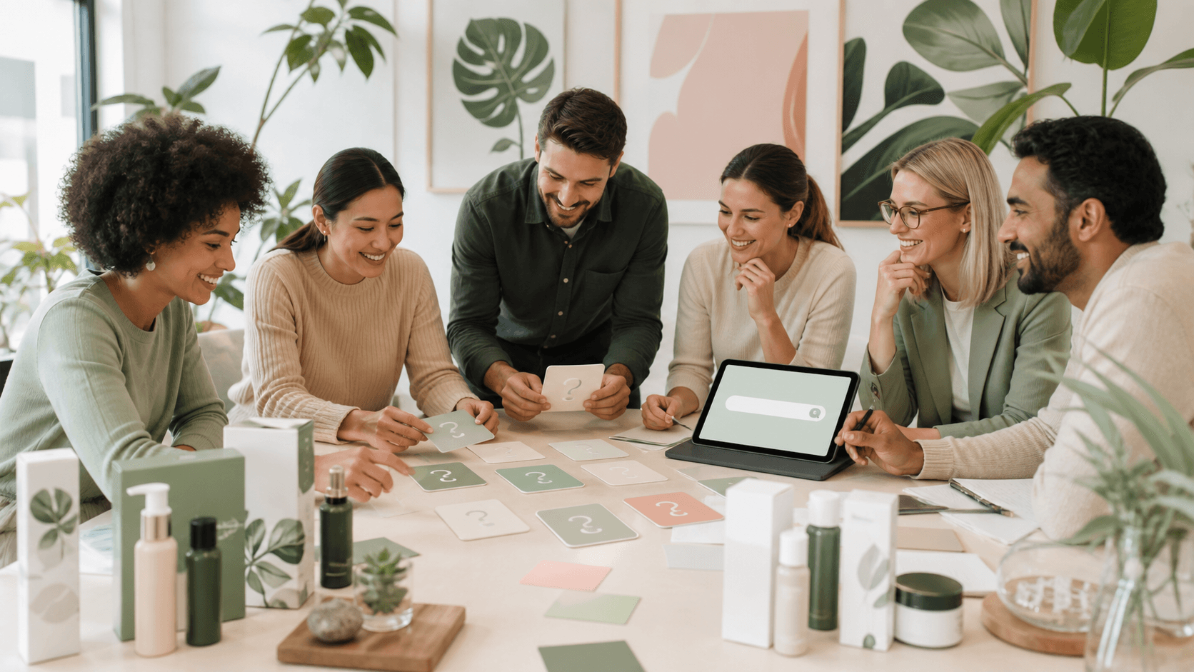 Healthcare professional reviews wellness questions on a laptop beside green plants and medical icons.