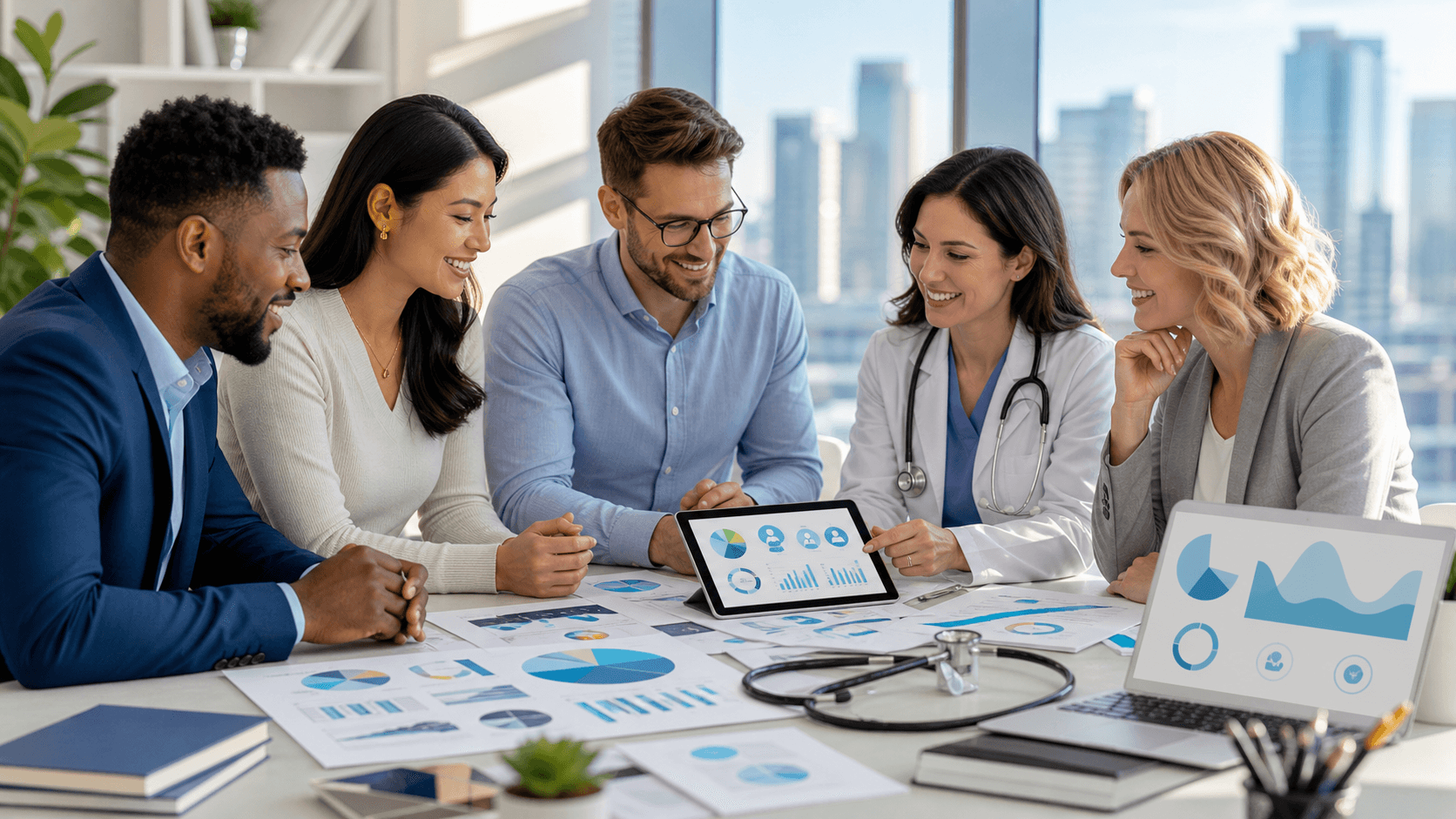 Doctor holding a tablet with glowing search icons and charts over a blue hospital background, clean modern lighting